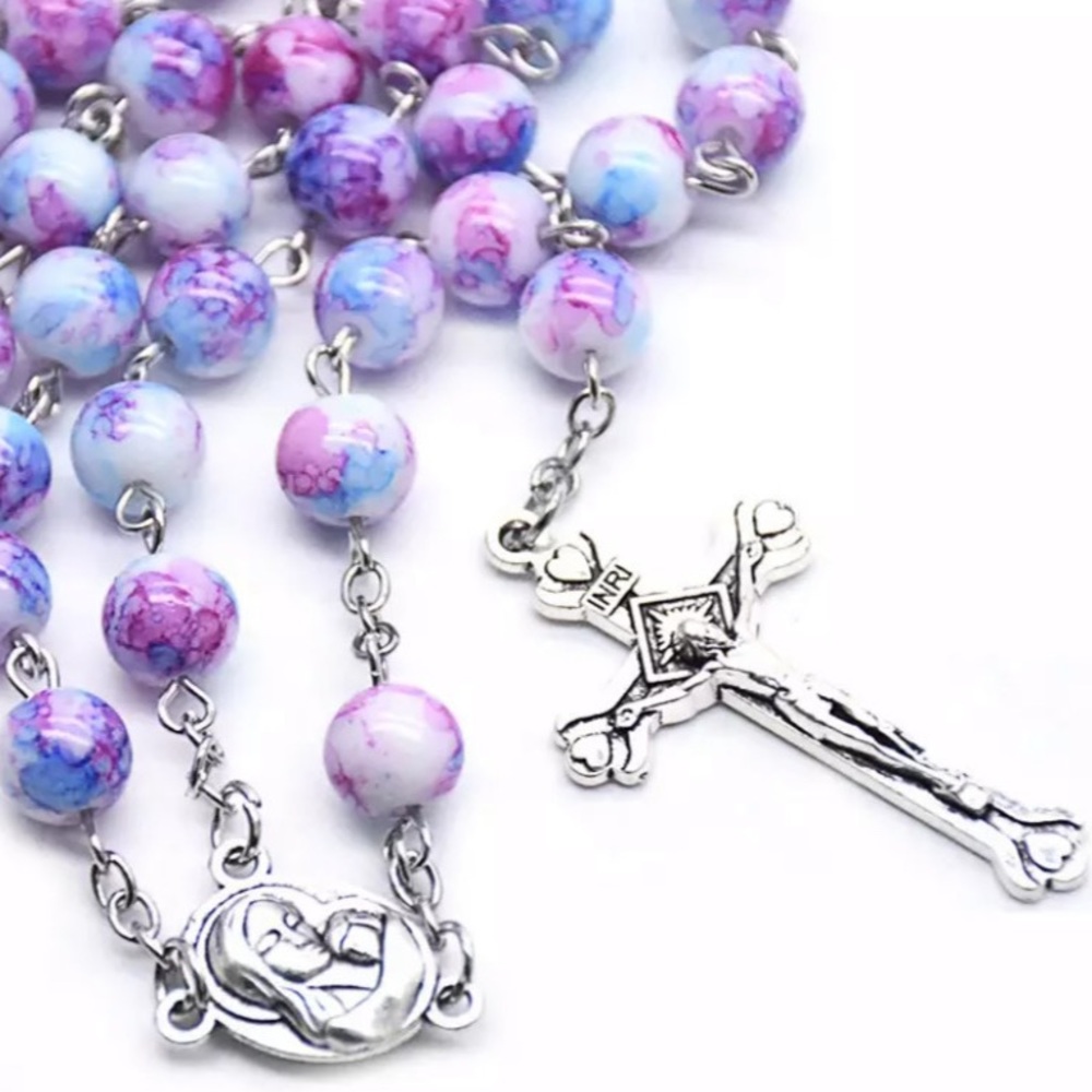 Multicolored 8mm Beaded Rosary Necklace - Picture 3 of 9
